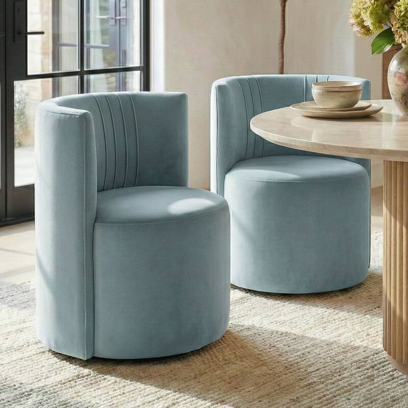 Velvet Swivel Dining Chairs with Rolling Casters, Upholstered Barrel Back Dining ArmChairs - Set of 2 - Blue-2-piece