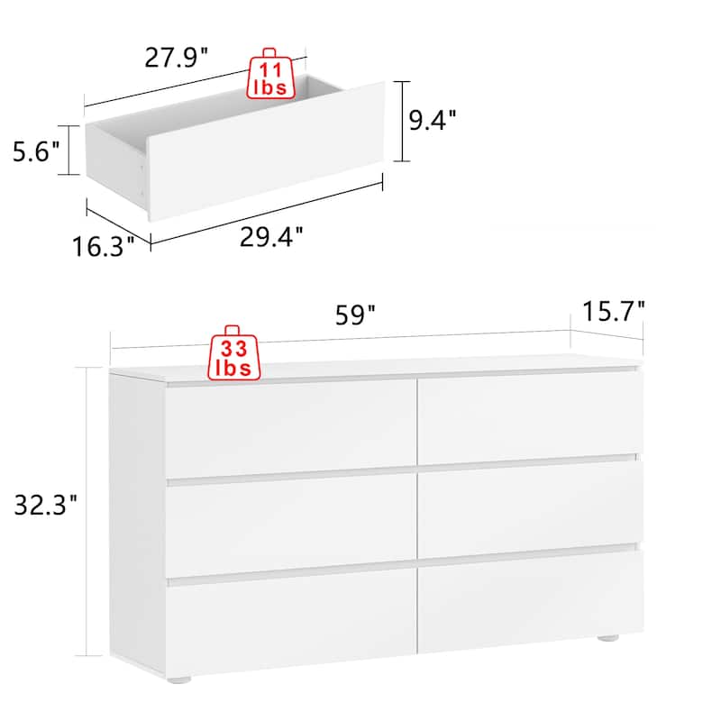 Premium 59-inch 6 Drawers White Floor Double Dresser by Kerrogee