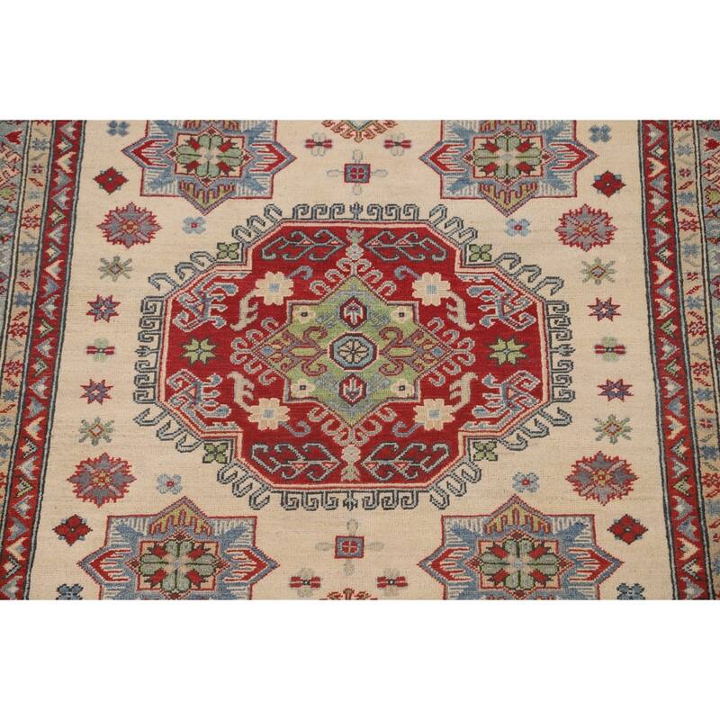 Geometric Beige Kazak Area Rug Handmade Wool Carpet - 5'1" x 6'4"