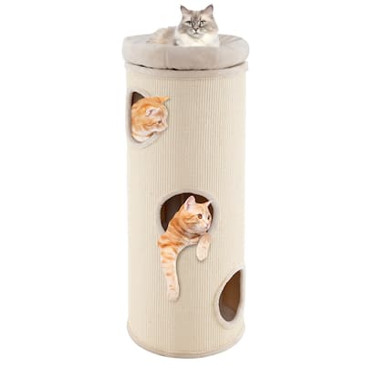 White Natural Plush Cat Tower with Sisal Scratching Board and Removable Perch - 16" L x 16" W x 49" H