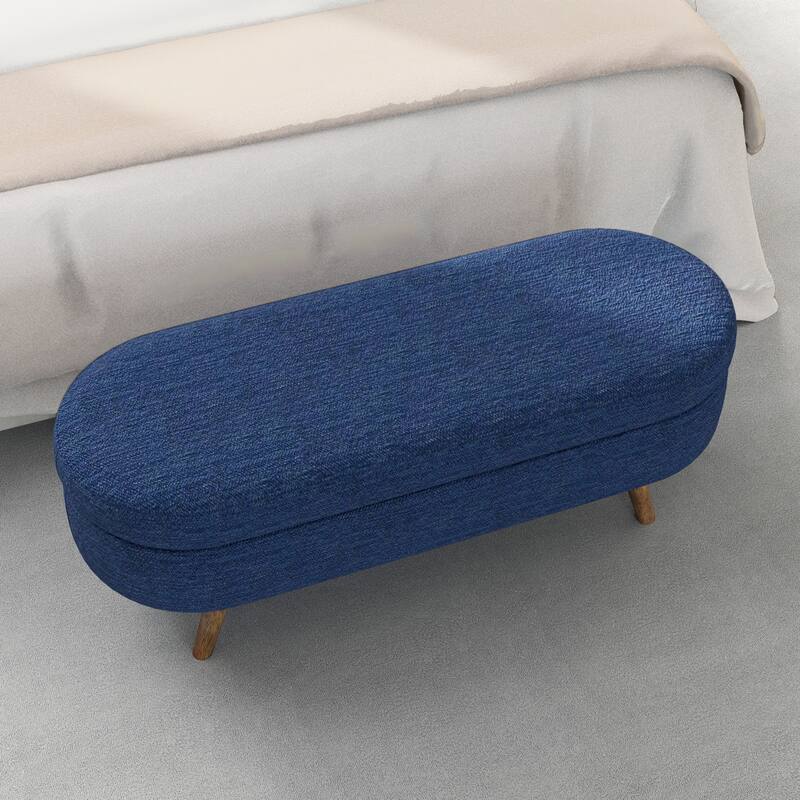 Ottoman Oval Storage Bench,Rubber Wood Legs - Blue