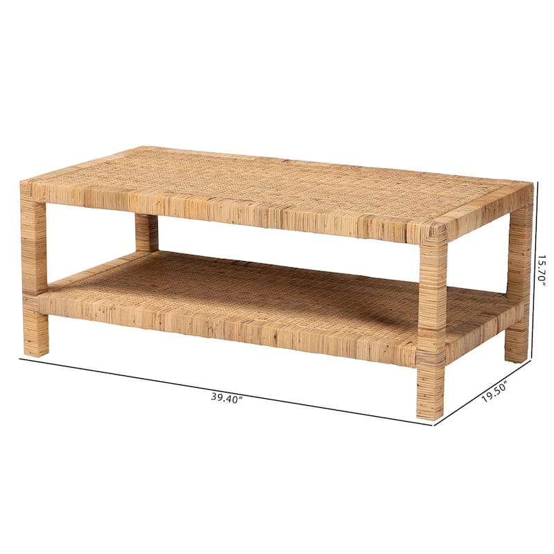 Kalimantan Bohemian Light Honey Rattan and Mahogany Wood Rectangle Coffee Table