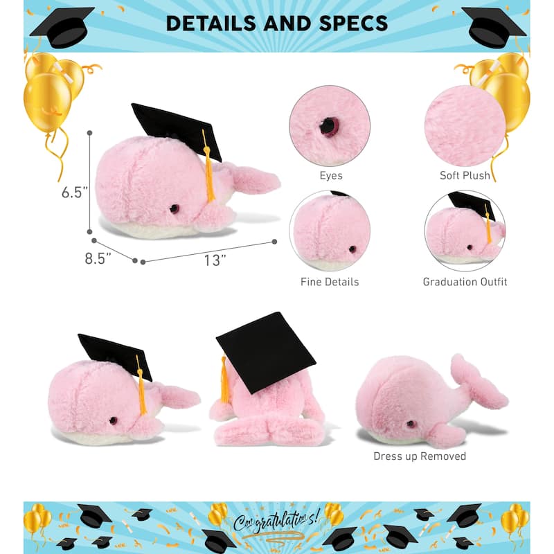 DolliBu Pink Whale Large Graduation Plush with Cap with Tassel Outfit - 13 inches