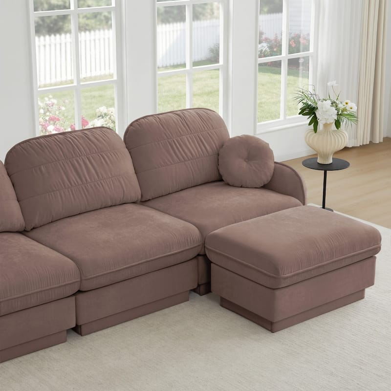 105" Chenille Sectional Sofa with 2 Round Pillows and 2 Movable Ottomans