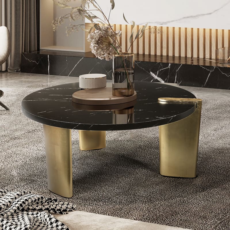 Modern Black Round Coffee Table Storage Cocktail Table with Marble Table Top - 37''D x 17" H - 37''D x 17" H - Black and Brass - Marble/MDF