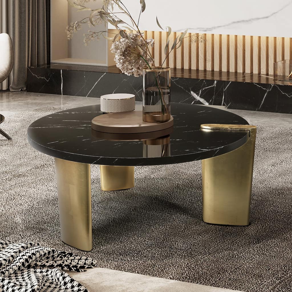 Modern Black Round Coffee Table Storage Cocktail Table with Marble Table Top - 37''D x 17" H