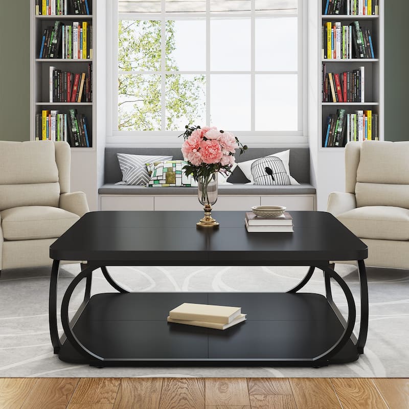 39" Large Square Wood Coffee Table, 2 Tier Tea Table with Storage Shelf, Center Table for Living Room & Home Office
