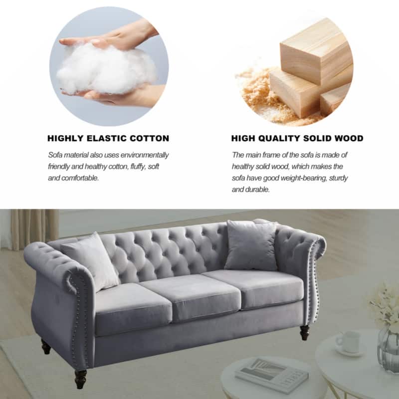 80" Chesterfield Sofa Grey Velvet for Living Room, 3 Seater Sofa Tufted Couch with Rolled Arms and Nailhead