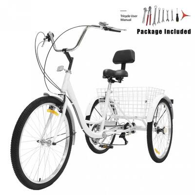 24 Inch White Adult Tricycle 7 Speed 3-Wheel For Shopping / Installation Tools