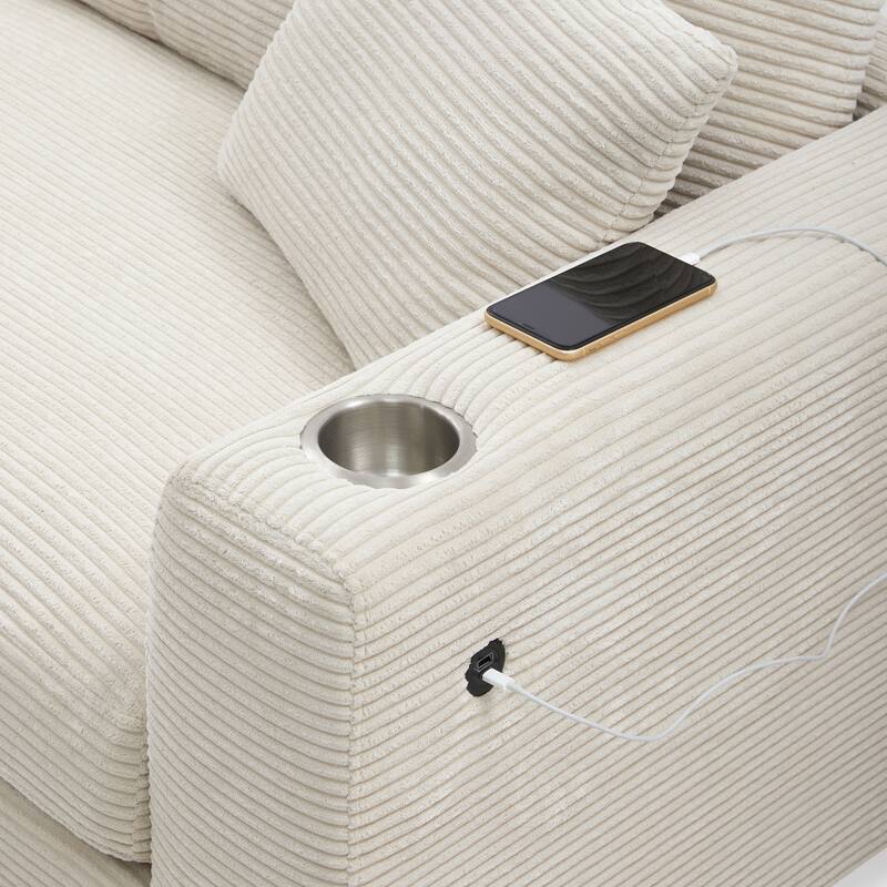 Spacious 4-Seater Corduroy Cloud Couch with Chaise, USB Charging Ports, and Cup Holders