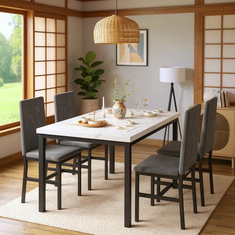 Grondin Modern Style Faux Marble Top 5-Piece Casual Dining Room Table Set with 4 Velvet Upholstered Dining Chairs