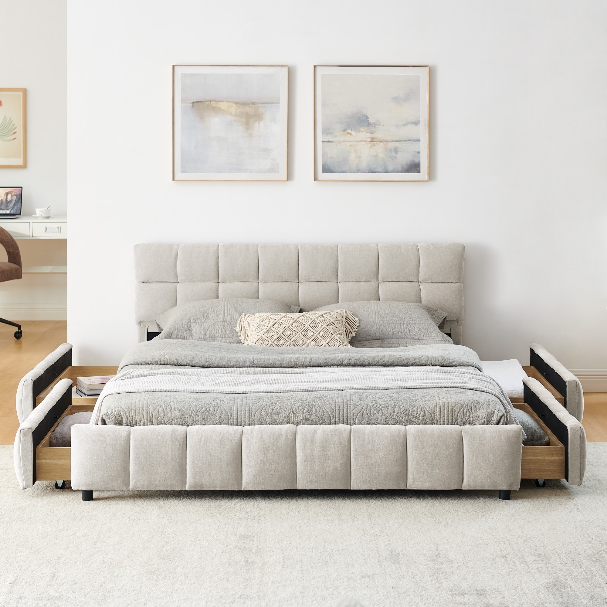 Modern Upholstered Queen Platform Bed Frame w/4 Storage Drawers, Soft Headboard, Grounded Chenille Fabric Bed Frame for Bedroom