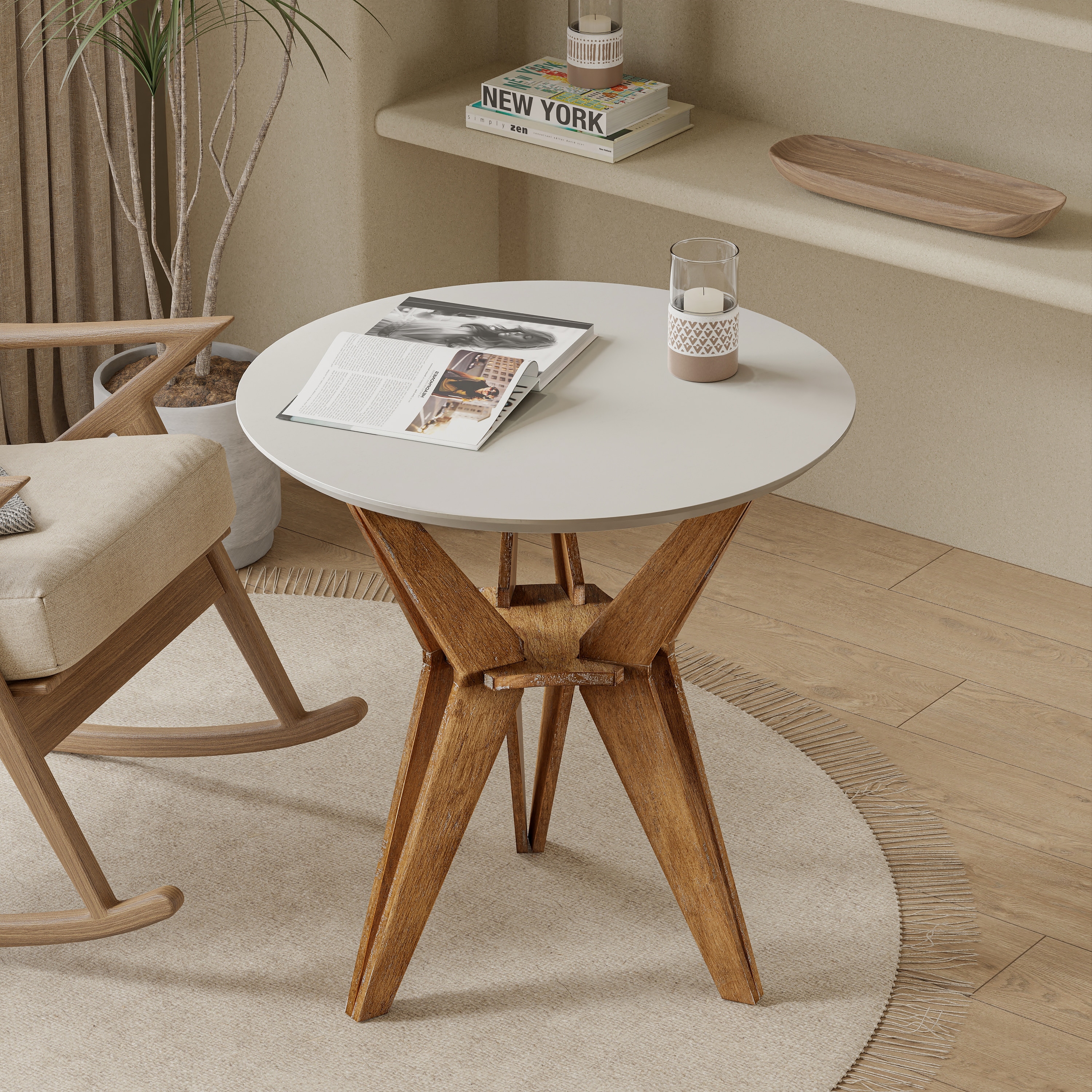 COZAYH Farmhouse End Table, Rustic Side Table with White Top and Tripod Base, Round