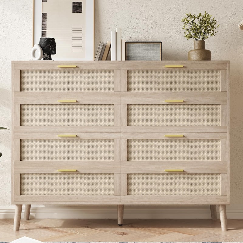 6/8 Drawer Dresser for Bedroom, Natural Rattan Dresser with Metal Handles, Farmhouse Chest of Drawer - 8-drawer