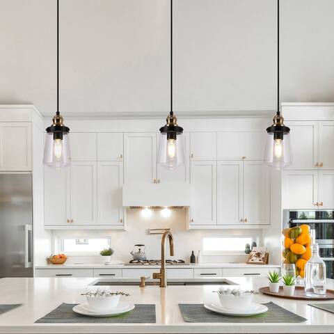 Cozia Farmhouse Mini Black Gold Pendant Light Industrial Linear Lighting Fixture with Clear Glass