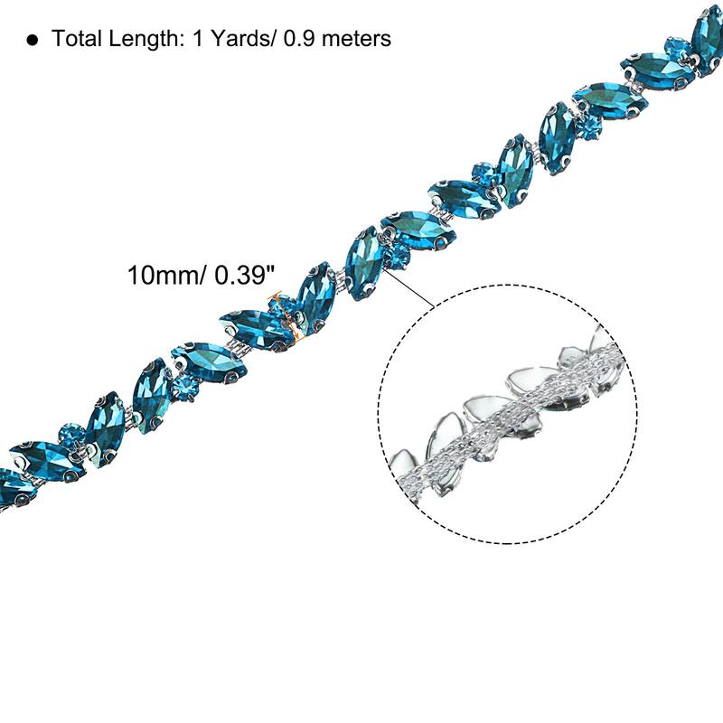 1 Yard Rhinestone Chain Trim, 10mm Shiny Crystal Chain Applique - Lake Blue - 10 Yard