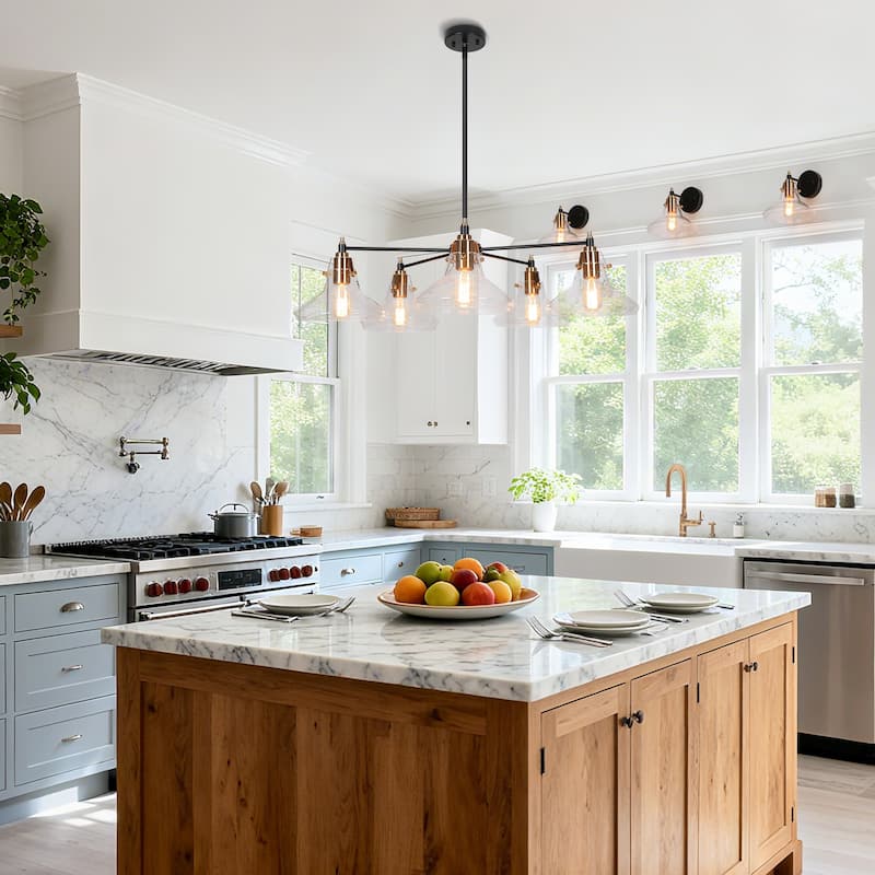 Branley Modern Farmhouse 5-Light Wheel Glass Dining Room Chandelier - 33.5"W x 33.5"D x 12" - 71.5"H