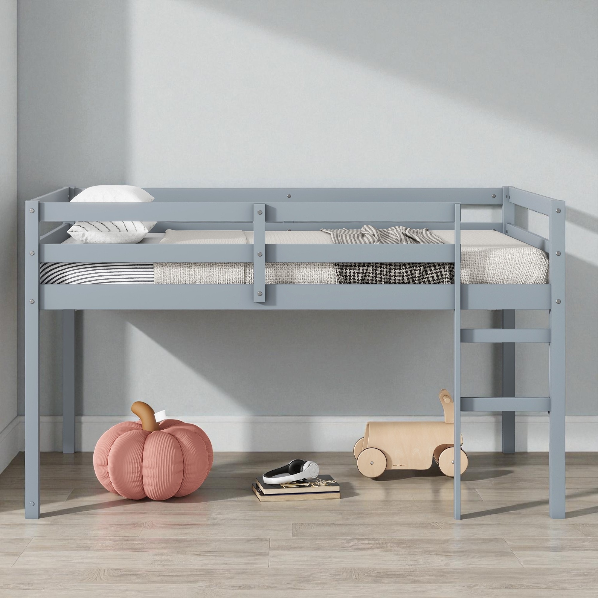 Solid Wood Twin Loft Bed with Ladder, Rubber Wood Frame Low Height Design with Guard Rails and Storage Space