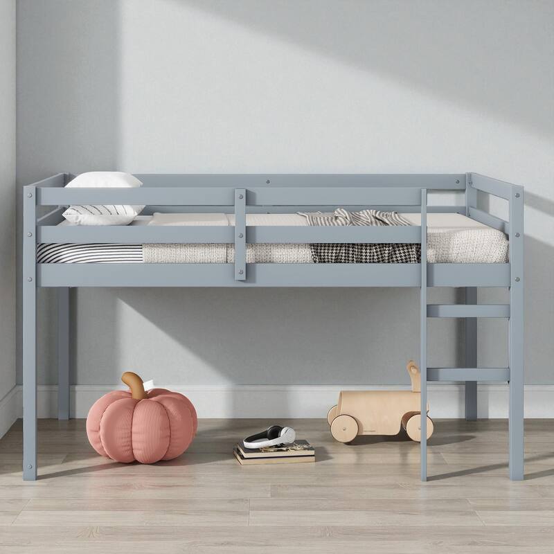 Solid Wood Twin Loft Bed with Ladder, Rubber Wood Frame Low Height Design with Guard Rails and Storage Space - Grey - Twin