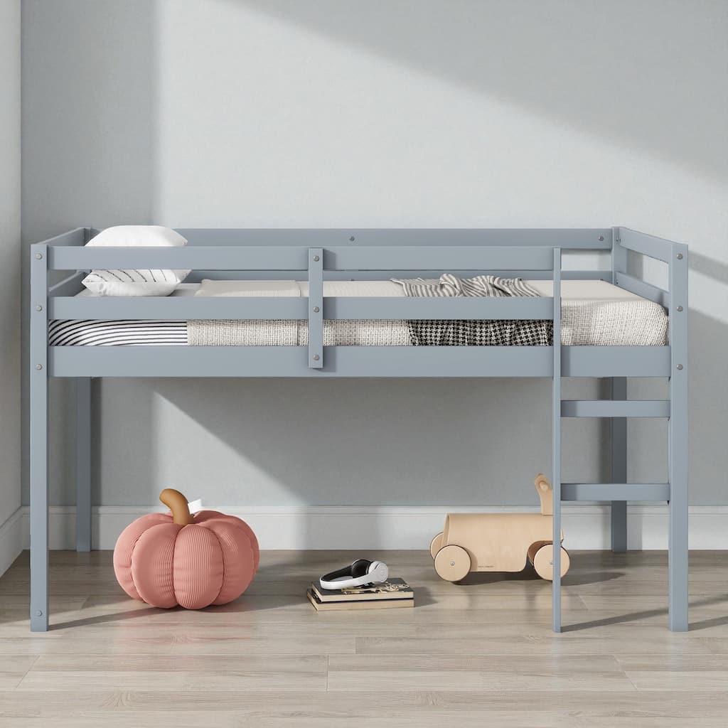 Solid Wood Twin Loft Bed with Ladder, Rubber Wood Frame Low Height Design with Guard Rails and Storage Space