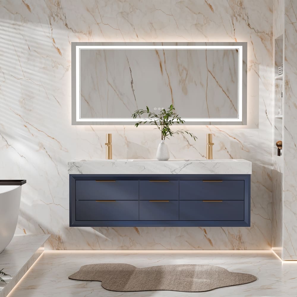 Modland 60" Modern Floating Bathroom Vanity with Double Sink, Soft-Close Drawers, White Stone Countertop