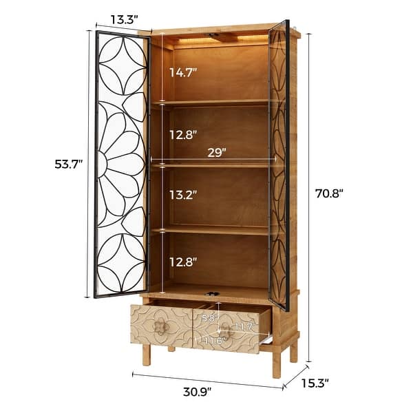 Tall Glass Door Solid Wood Bathroom Cabinet Curio Cabinet with LED Lights, 70.8" Farmhouse Industrial Accent Display Cabinet