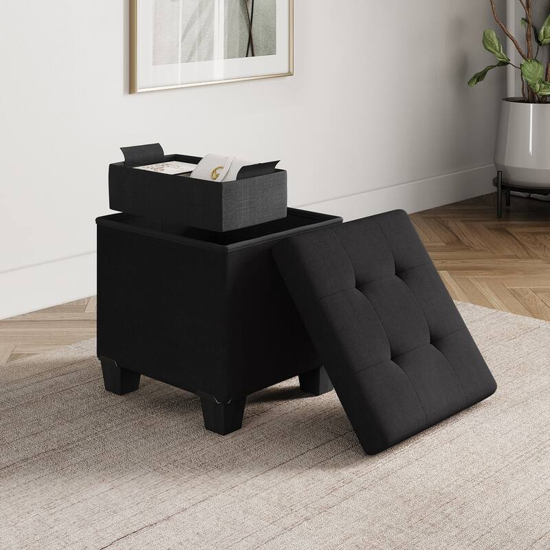 Empyrean Tuffted Folding Foot Rest Storage Ottoman Bench with Storage Bins - 15 Inch - Black Fabric