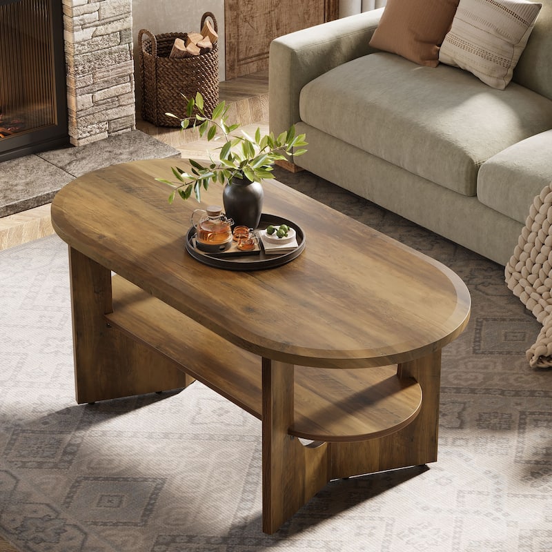 47.24" Oval Coffee Table with 2 Tiers of Shelves, Farmhouse Wooden Center Table