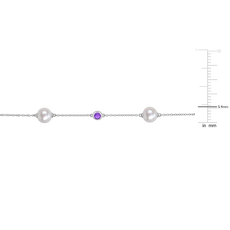 Miadora Cultured Freshwater Pearl and 7/8 CT TGW Sky-Blue Topaz Gemstone Station Bracelet in Sterling Silver