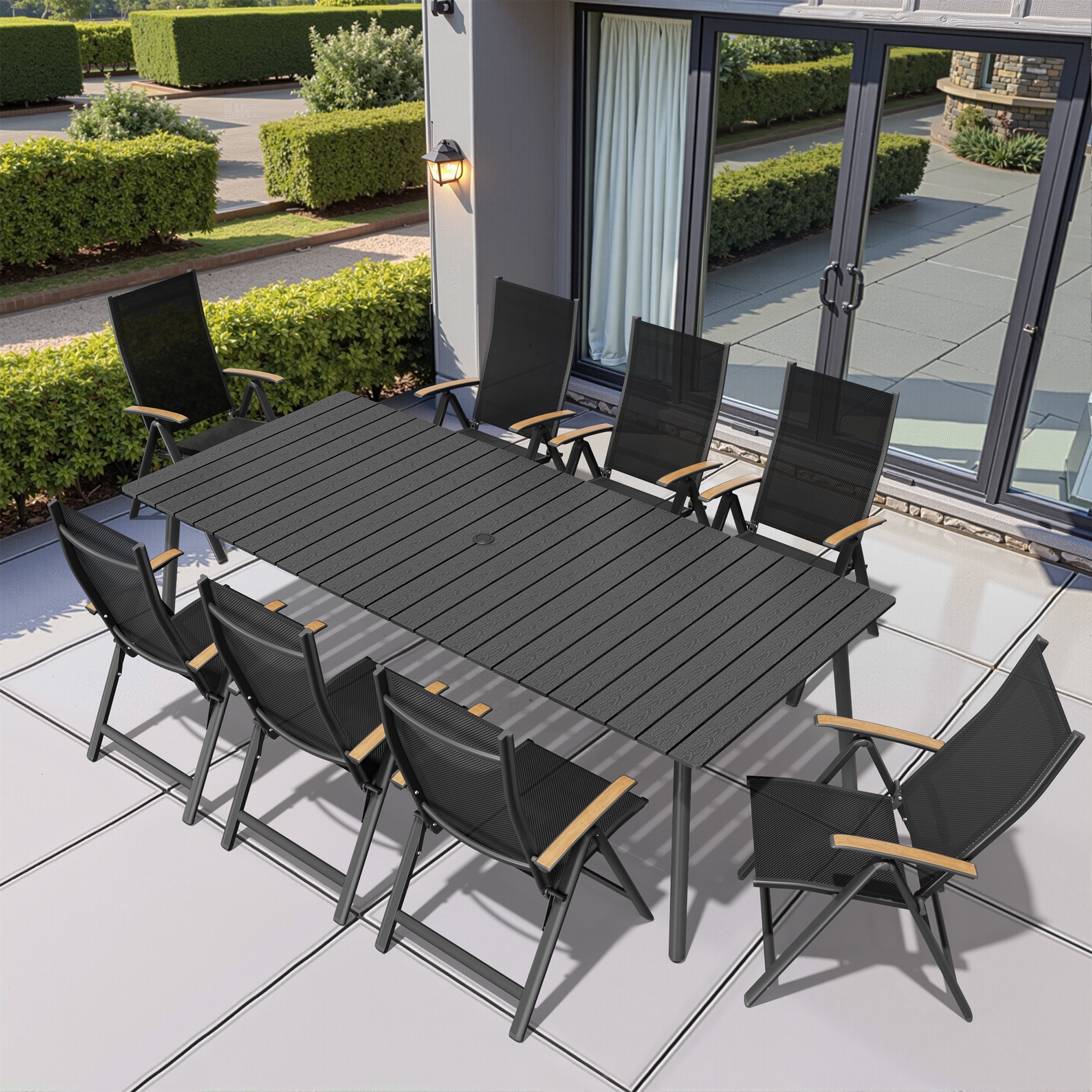 7/9-Piece Outdoor Rectangle Aluminum Dining Table with Umbrella Hole include Folding Chairs