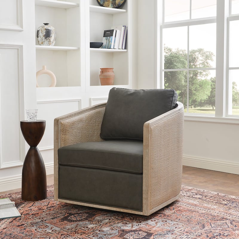 KINWELL 31"W Oak Frame Upholstered Swivel Barrel Armchair