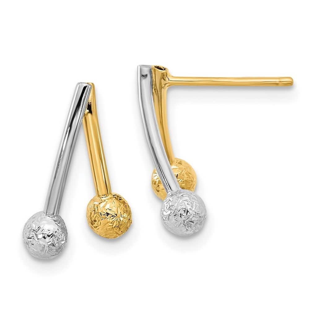 Curata 14k Two tone Gold Polished and Textured Bar and Bead Post Earrings 16x9mm