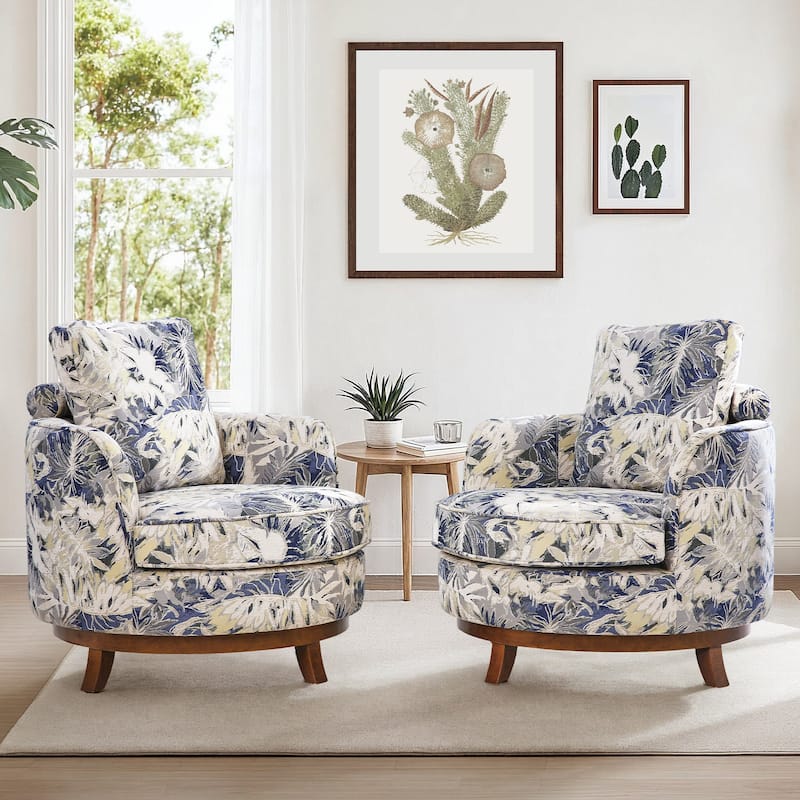 Set of 2 Comfortable Upholstered Swivel Chair with Soft Chenille and Wood Base - Blue Floral Print