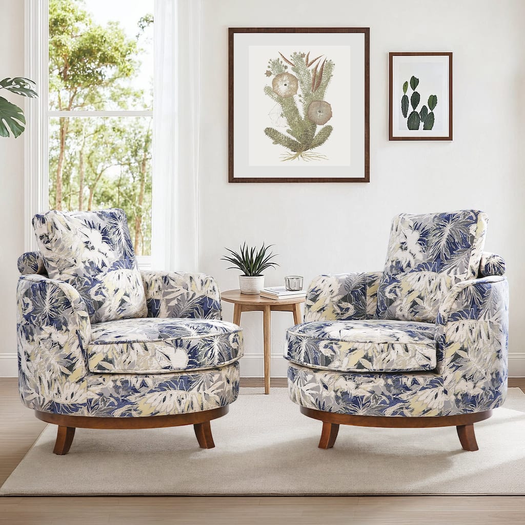 Set of 2 Comfortable Upholstered Swivel Chair with Soft Chenille and Wood Base