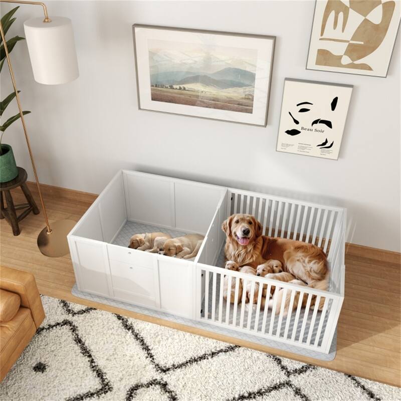 Adjustable Dog House Whelping Box with Removable Door - 65.4" L x 31.5" W x 19.7" H - White