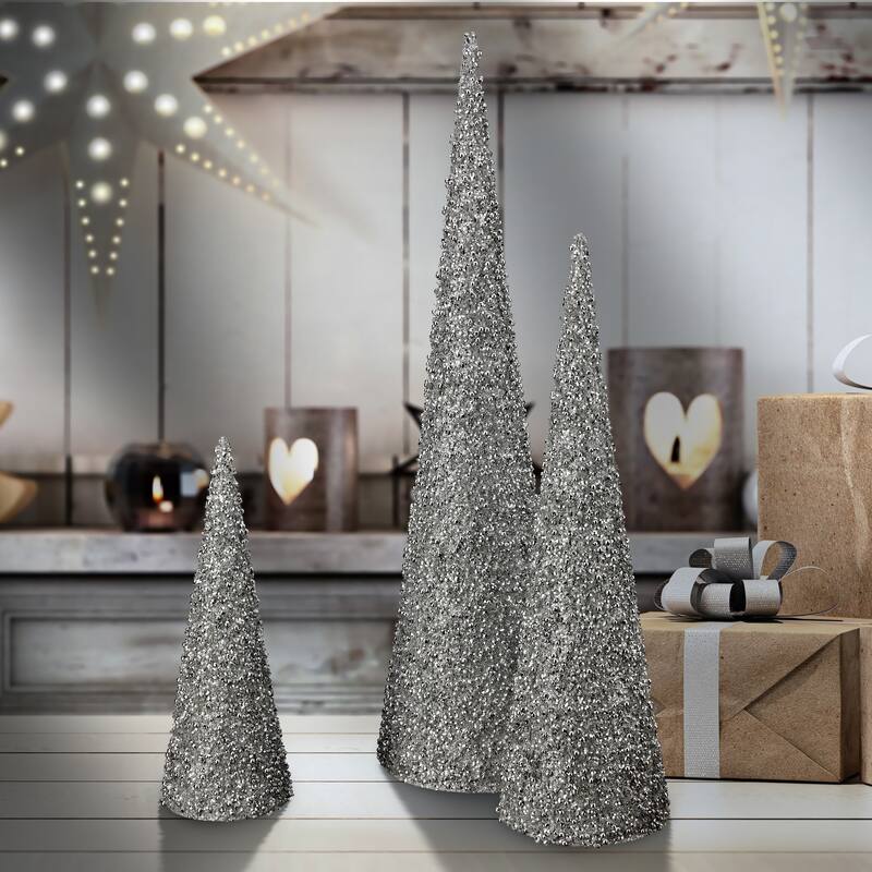 12/18/24" Glitter Cone Tree Set of 3 - Silver