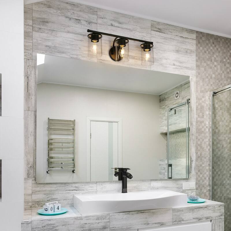 Modern Farmhouse 3-Light Black Bathroom Vanity Light Cylinder Glass Wall Sconce - W 21.6" x L 7.8" x H 6.7"