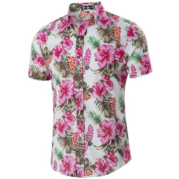 Shop Men Slim Floral Print Short Sleeve Button Down Beach Hawaiian Shirt Overstock 23563188