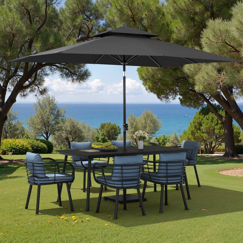 9PC Outdoor Patio Dining Set Aluminum Table with Sunbrella Cushion Chairs w/ Premium Market Umbrella Sets - BlackTable&SdmChairs&BlackUmbrella