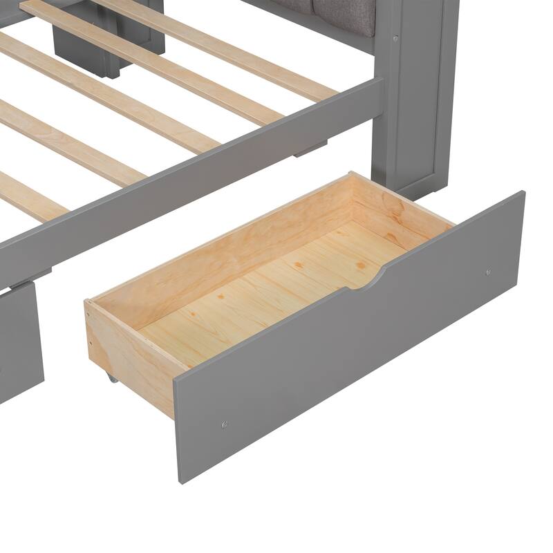 Wood Daybed Twin Size Platform Bed with Storage Shelves, Drawers, Charging Station, Desk, LED and Upholstered Cushion Headboard