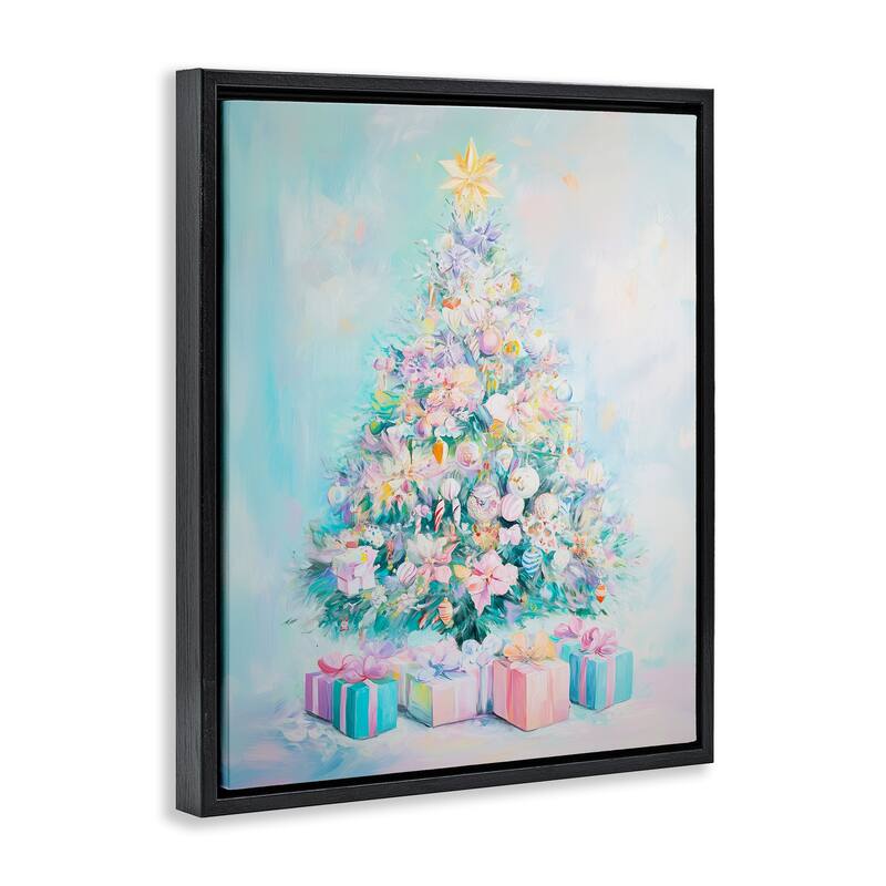 Stupell Pastel Christmas Tree on Blue Framed Floater Canvas Wall Art Design By Arlington Prints
