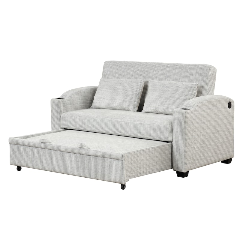 61.6" Pull Out Sofa Bed with Adjustable Backrest, 2 Pillows, Cup Holders & USB Ports, White Gray, Chenille