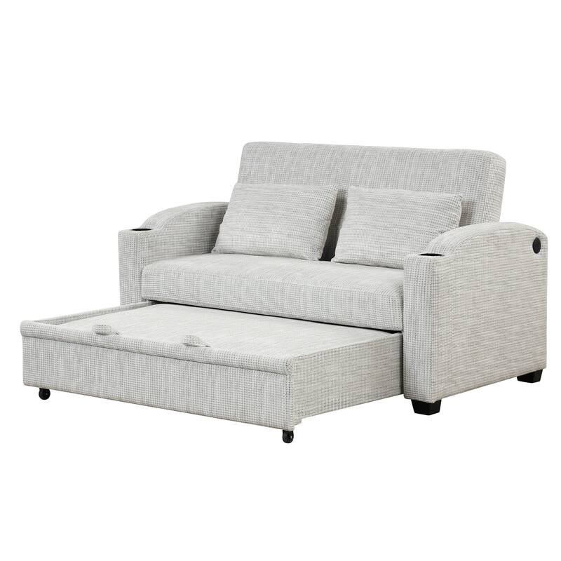 Pull Out Sofa Bed Modern Chenille Convertible Loveseat Sofa With Adjsutable Backrest, 2 Pillows, Cup Holders, Usb Ports