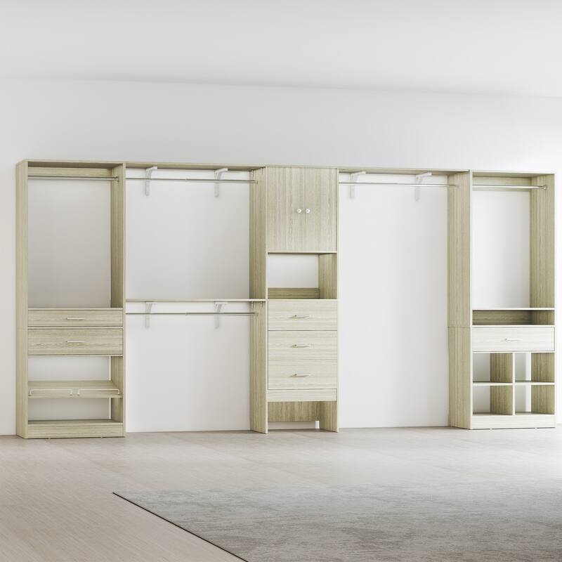 Rhezo 69"-145" W Freestanding Closet System With Wooden Drawers and Hanging Rods,Walk-in Closet Organizer with Doors