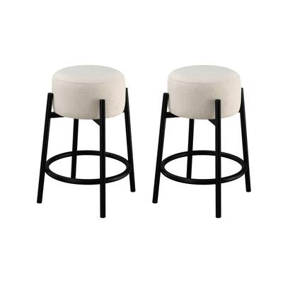 Set of 2 Upholstered Backless Metal Round Counter Stools in White and Black