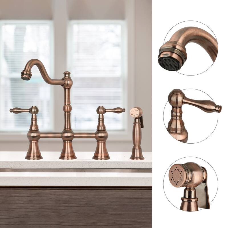 Two-Handles Bridge Kitchen Faucet with Side Sprayer 8-3/8 Inch High Arc