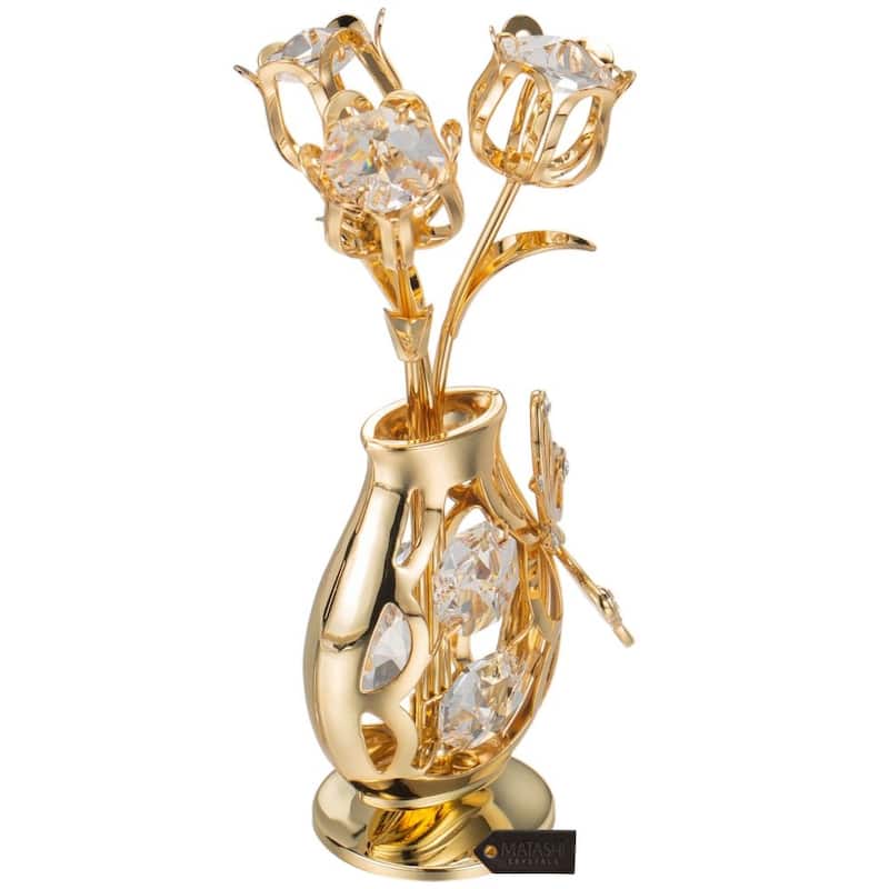 Matashi 24K Gold Plated Crystal Studded Flower Ornament in a Vase with Decorative Butterfly for gifts and home decor