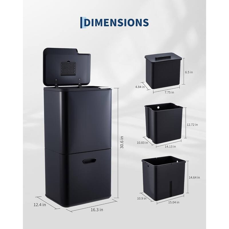 16-Gallon Dual Compartment Stainless Steel Trash and Recycle Bin with Odor Filter and Removable Buckets Silver