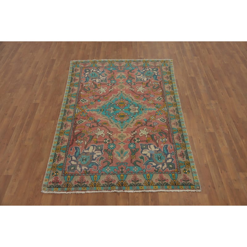 Hand Knotted Oriental 100% Wool Carpet Traditional Floral Pink Tabriz Area Rug - 6' 11'' X 4' 9''