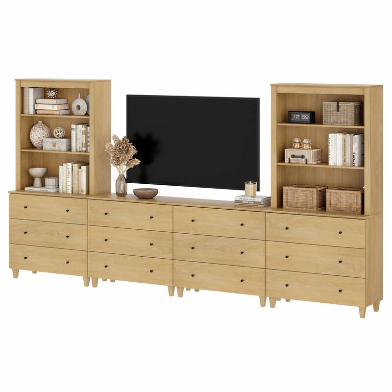 WAMPAT Modern Entertainment Center with Bookshelves for 75" TVs - 12 Drawers - Oak Wood